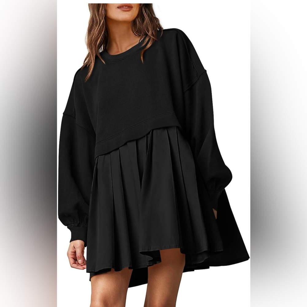 Black Long Sleeve Pleated Swing Dress